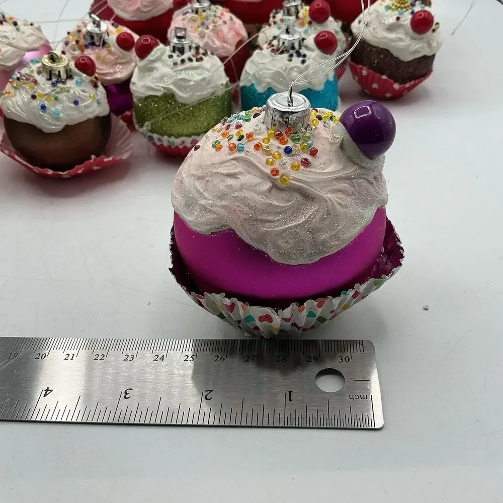 Lot of 13 Handmade Faux Cupcake Christmas Tree Ornaments Glitter Holiday Decor